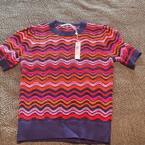 Trina Turk Open-Knit Wavy Stripe Top in Pink, Red & Navy